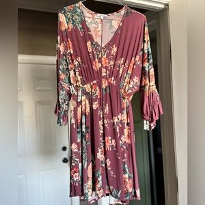 White Birch Burgundy Floral Long Sleeve Dress